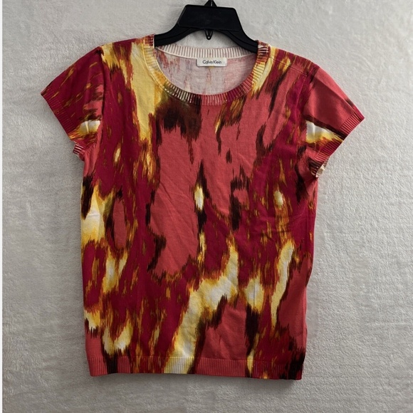 Calvin Klein Silk Blend Top Woman Multicolor Short Sleeve~Size XL - Picture 1 of 6